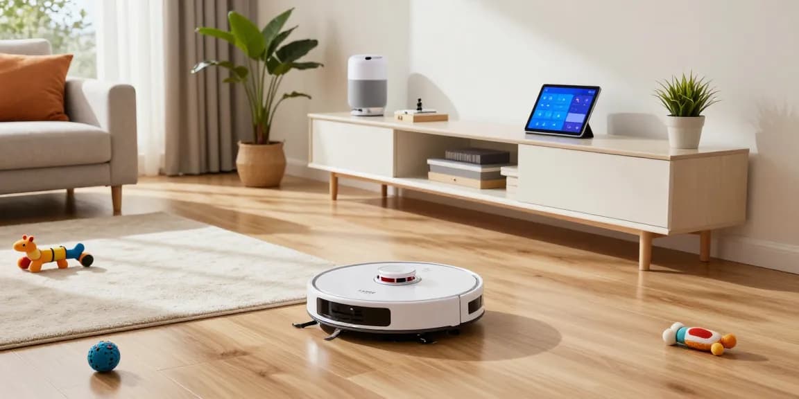 Roborock 2026 robotic vacuum efficiently cleaning a contemporary living room, highlighting smart home integration.