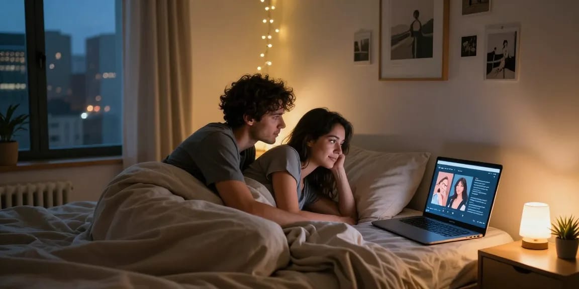 Couple exploring sex ai relationships in a cozy bedroom environment, showcasing intimacy and modern technology.