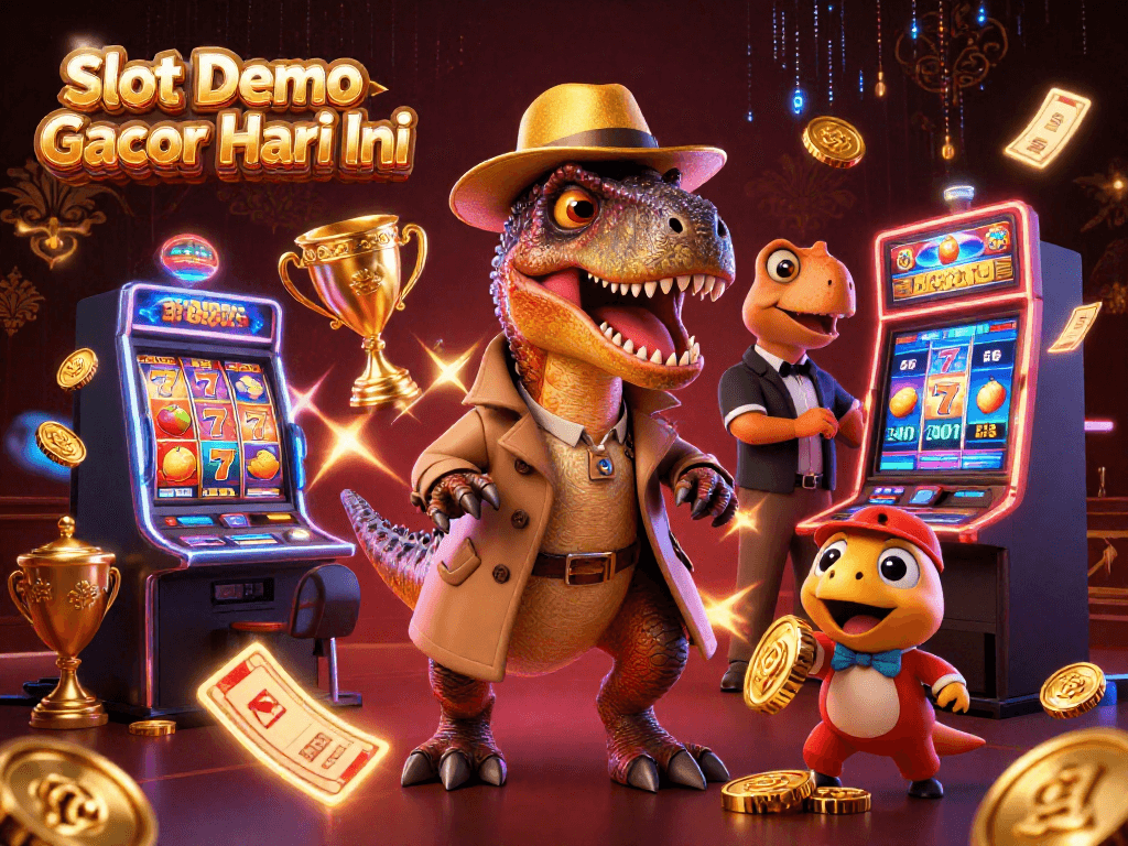 Experience Slot Demo Gacor Hari Ini with a cartoon velociraptor counter at a vibrant slot machine