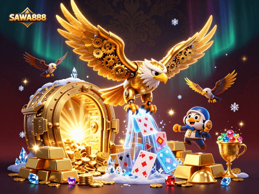 SAWA888 showcases vibrant gaming action with a golden eagle and treasure in a thrilling casino scene.