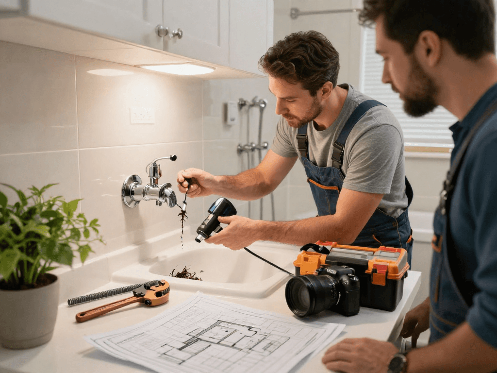 Professional plumber performing rooter service Fort Worth in a residential bathroom with modern tools and warm lighting.