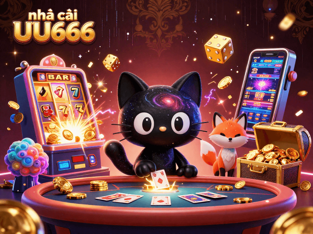 Experience the thrill at nhà cái UU666 with the cosmic charm of a black hole cat swirling around a vibrant casino scene.