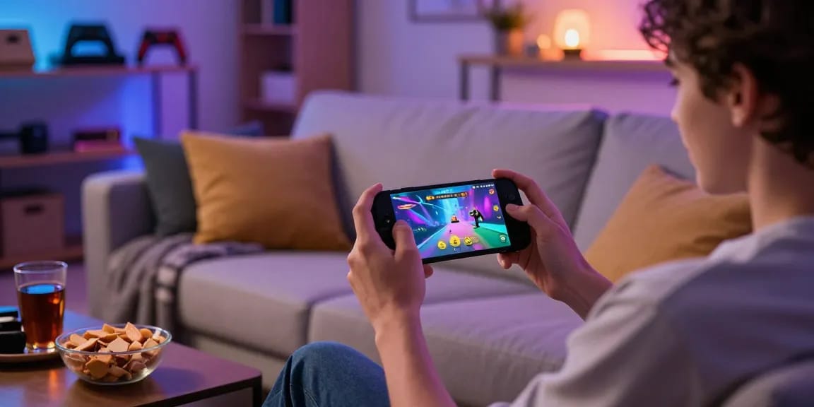 Engaged player enjoying a mobile porn game on smartphone in a cozy living room.