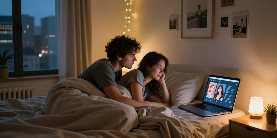 Couple exploring sex ai relationships in a cozy bedroom environment, showcasing intimacy and modern technology.