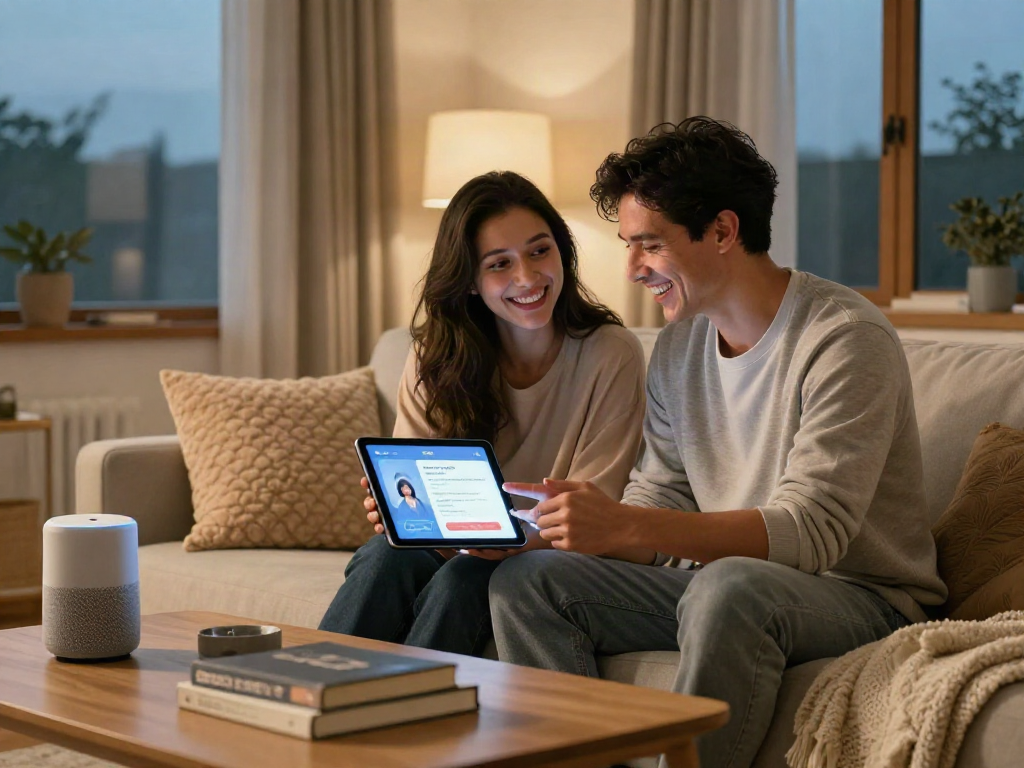 Couple exploring sex AI app on tablet in cozy living room, showcasing modern technology integration.