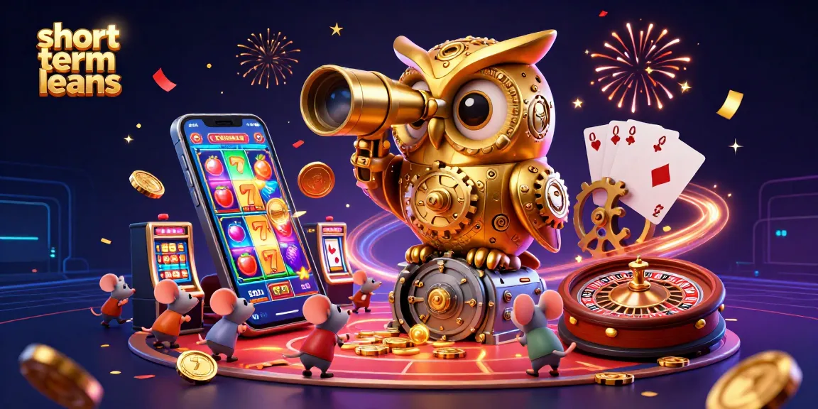 Engage in casino fun with short term loans, featuring a whimsical golden owl and slot game elements.