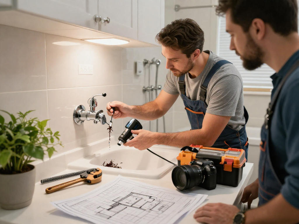 Professional plumber performing rooter service Fort Worth in a residential bathroom with modern tools and warm lighting.