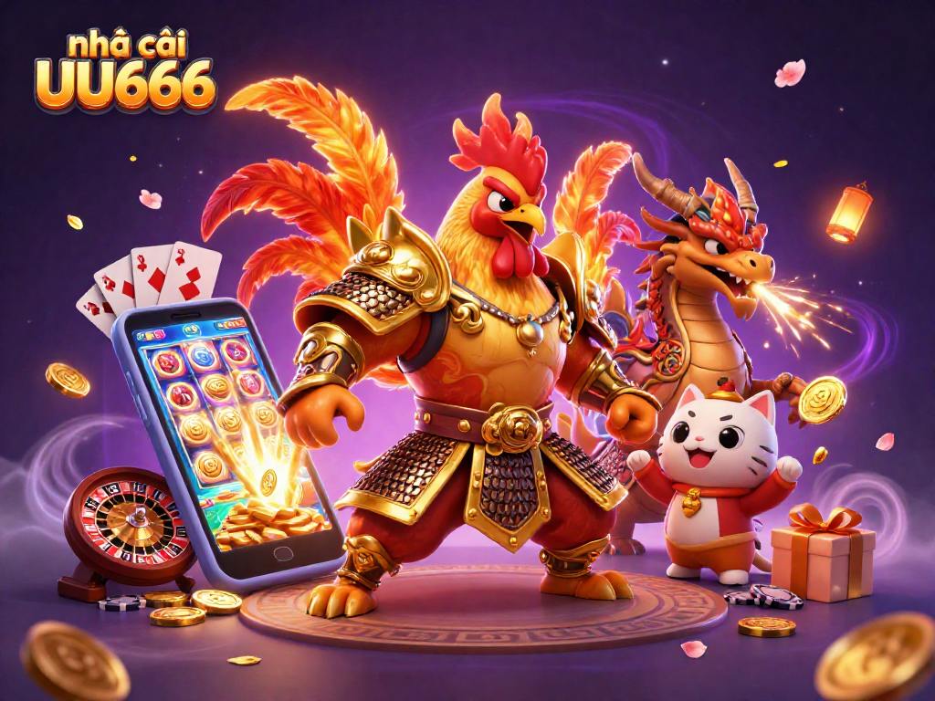 Engage in thrilling gaming at nhà cái UU666 featuring a fierce rooster warrior and a dragon hatchling.