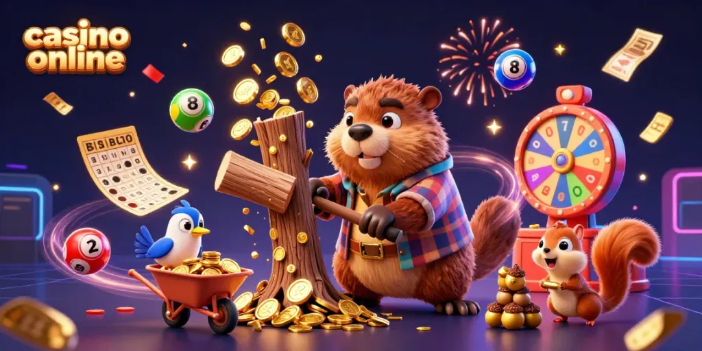 Experience the excitement of casino online with a vibrant scene featuring a beaver, bird, and squirrel amidst gold coins and lottery elements.