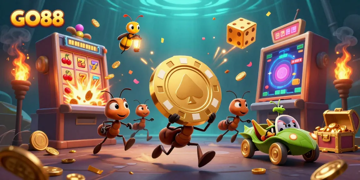 Ant heist team carrying a giant poker chip, amidst a vibrant casino explosion, showcasing GO88