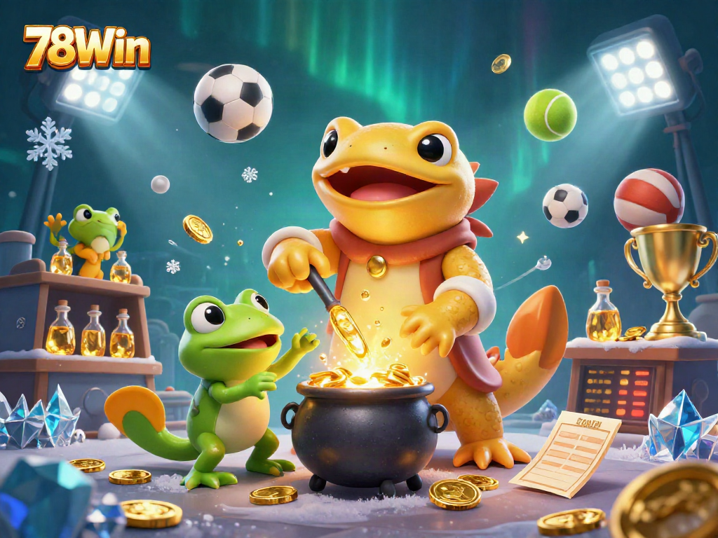 Experience the excitement of 78Win with a vibrant casino scene of gold transmutation and sports betting elements.