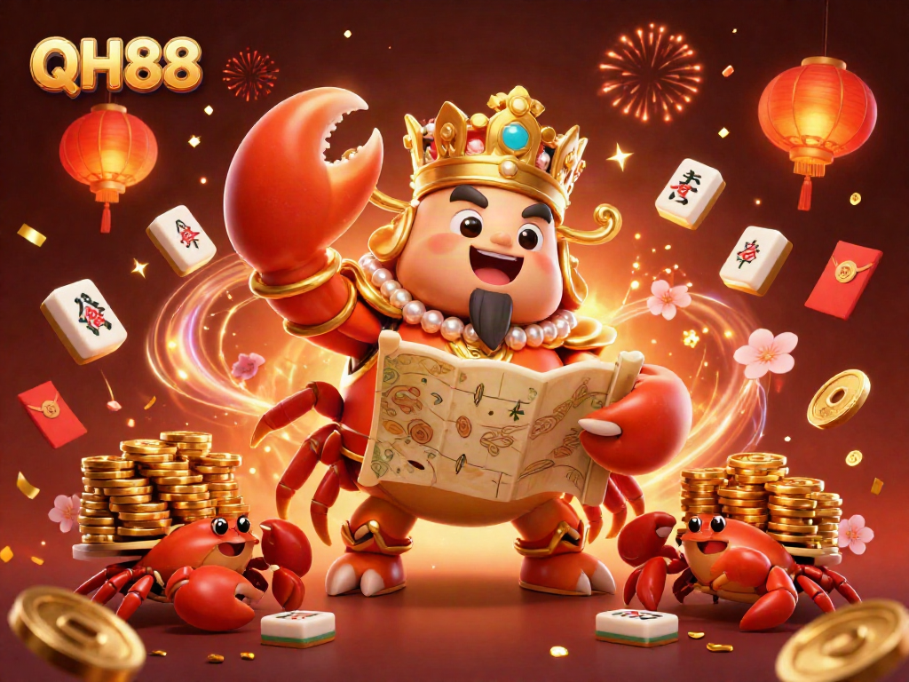 Experience QH88's thrilling casino adventure with a majestic crab emperor and treasure in a dynamic celebration.
