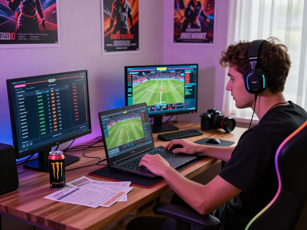 Engaged gamer at home using http://sin88-onl.com/ for sports betting with dynamic screens and energy-filled atmosphere.