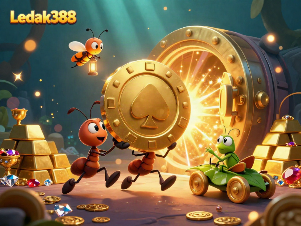 An exciting heist scene featuring Ledak388-themed ants carrying a massive poker chip amidst treasure in an adventurous casino underworld.
