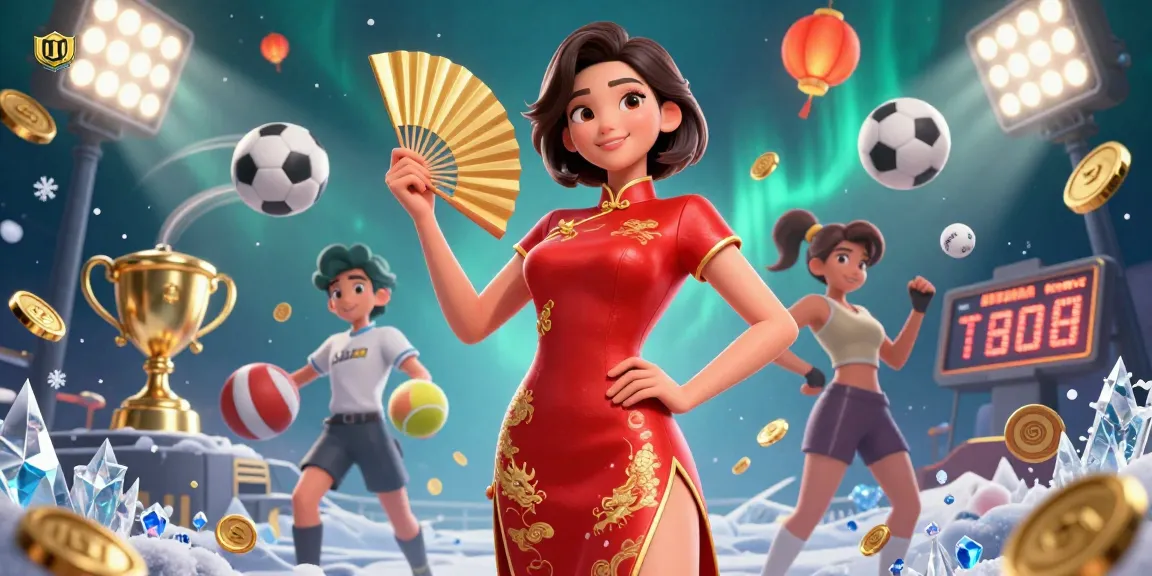 Bet and win at UFABET with this vibrant 3D illustration featuring a confident Asian woman and dynamic sports elements.