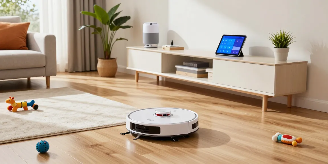 Roborock 2026 robotic vacuum efficiently cleaning a contemporary living room, highlighting smart home integration.