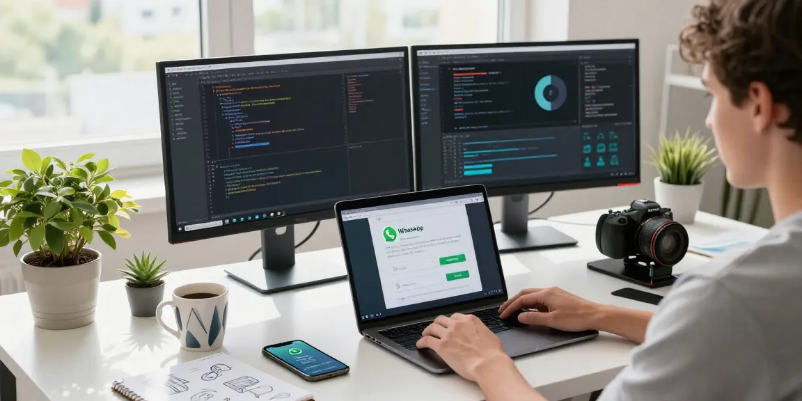 WhatsApp下載 workspace scene with a person using a laptop and dual monitors for app development.
