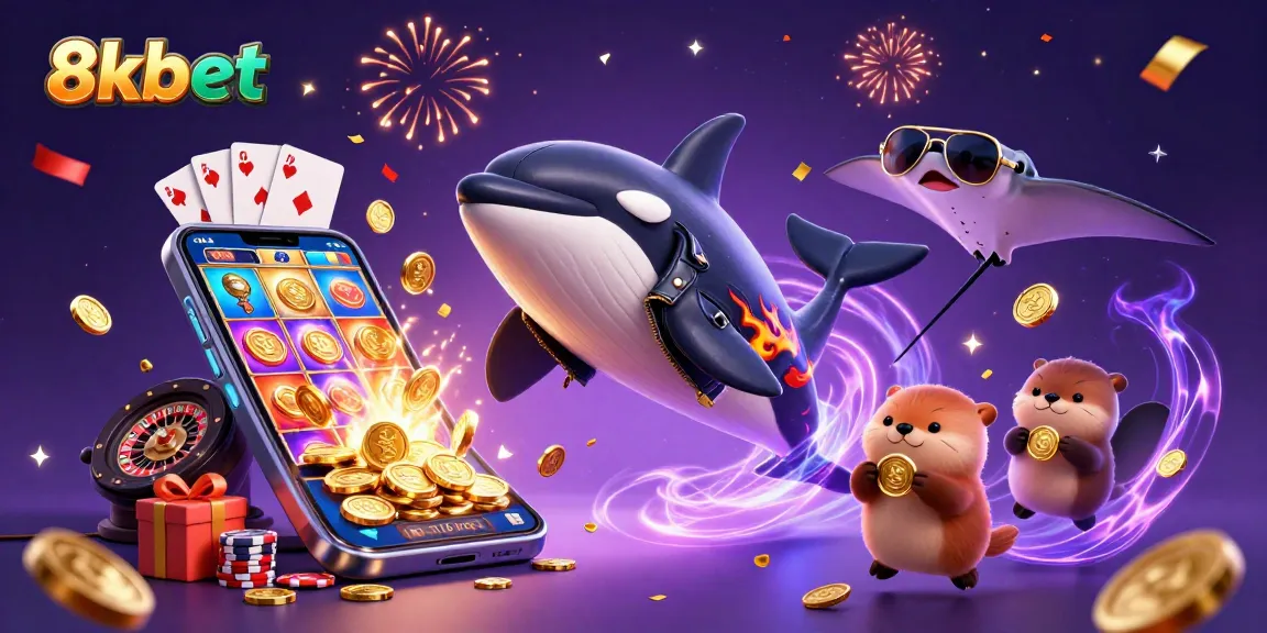 Engaging scene illustrating 8kbet action, featuring characters and casino elements like slot games and golden coins.