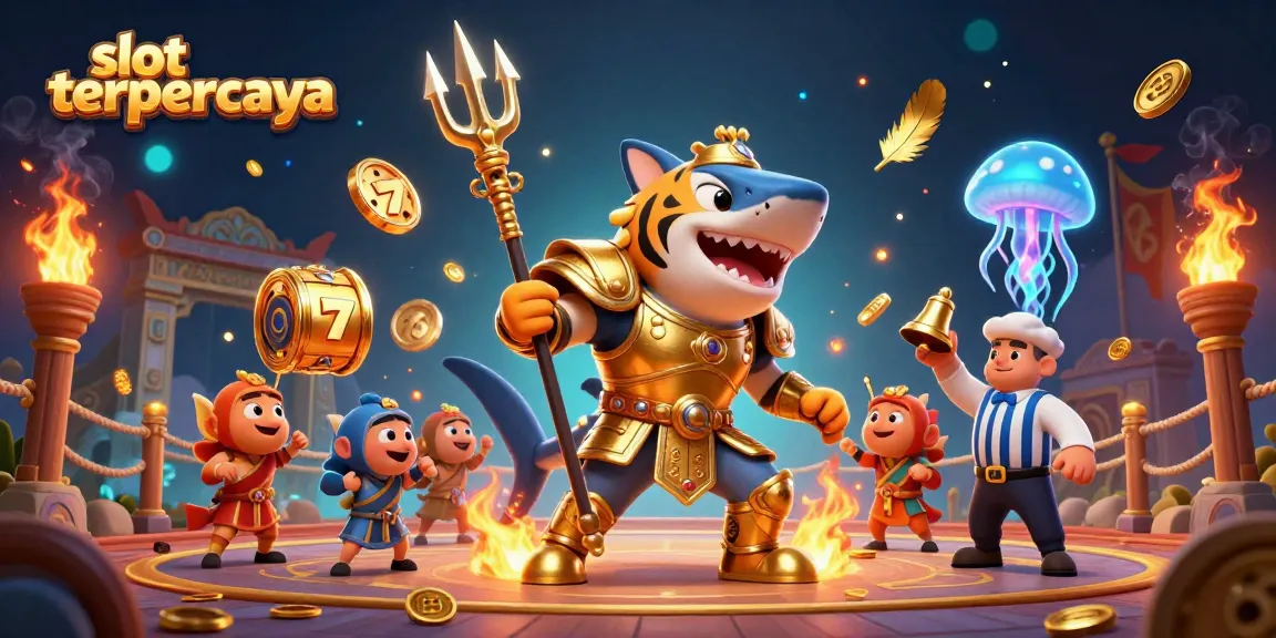 Engage in exciting gameplay with slot terpercaya, featuring a tiger shark in golden armor amidst vibrant casino elements.