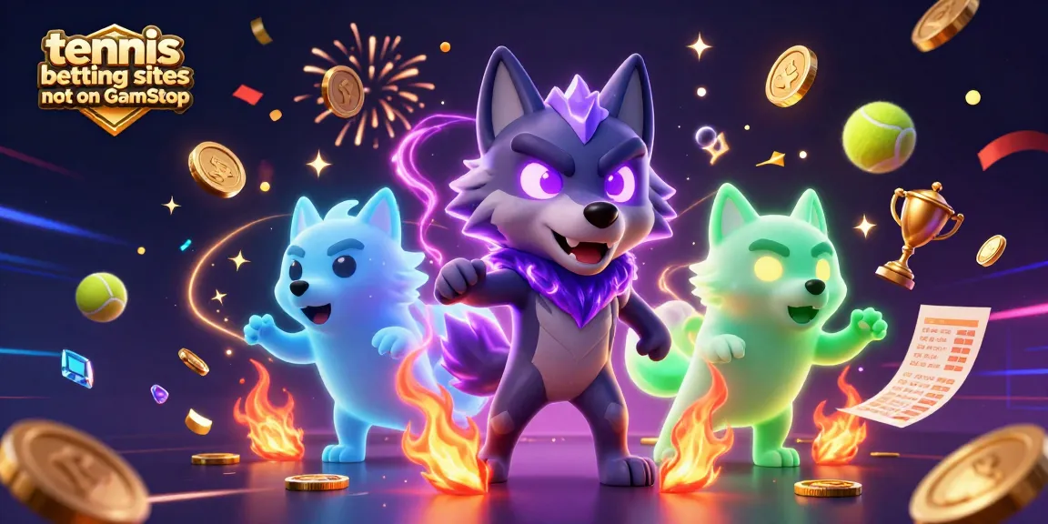 Tennis betting sites not on GamStop offer thrilling action, featuring animated wolves celebrating with sports betting elements.