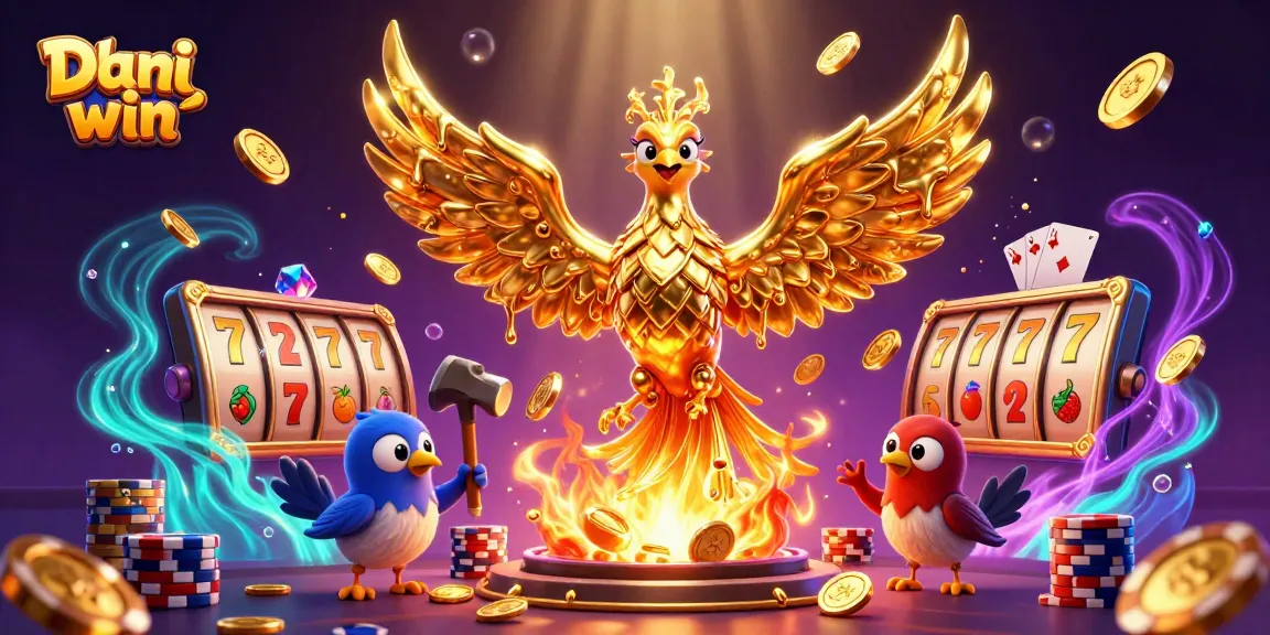 Dhani win unleashes excitement with a golden phoenix, thrilling slot machine reels, and vibrant poker chips.