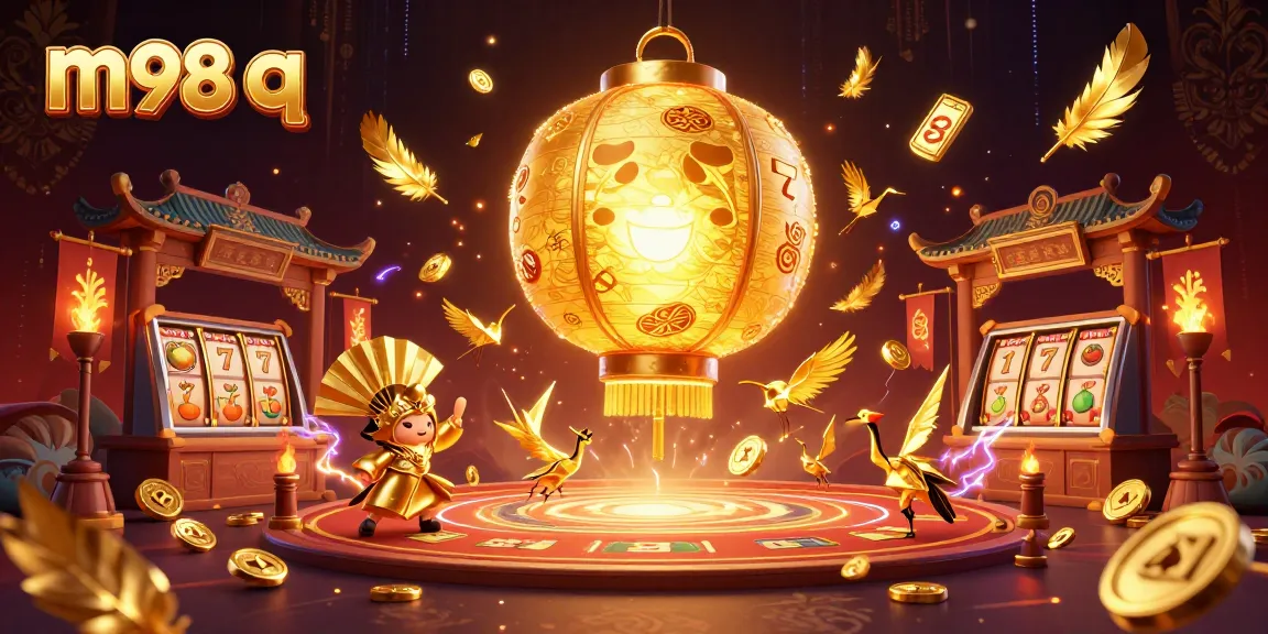 Engage with m98 q slot games in a vibrant golden-themed online casino scene.