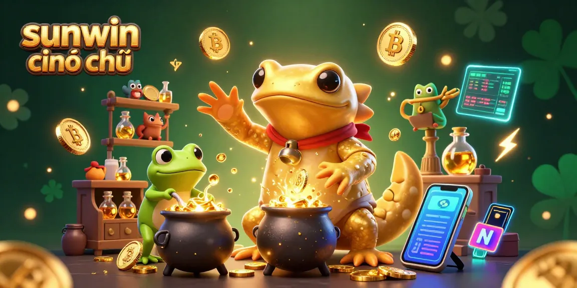 Win big with sunwin chính chủ in a vibrant 3D casino scene featuring alchemists and crypto elements.