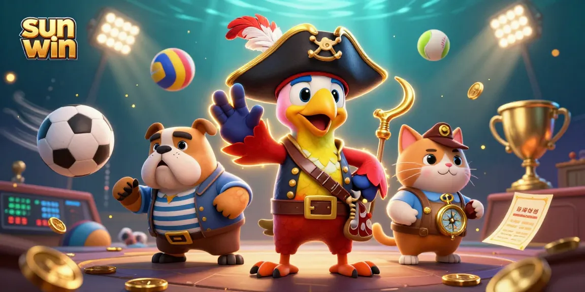 Join the action with sun win, showcasing a vibrant pirate-themed casino scene filled with sports elements and prizes.