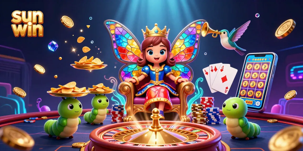 Experience the excitement of sun win with a vivid 3D illustration of a butterfly queen amidst casino elements.