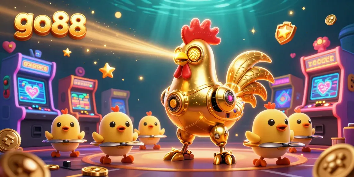 Engage with go88's vibrant golden rooster robot and baby chick drones in a dynamic casino scene.
