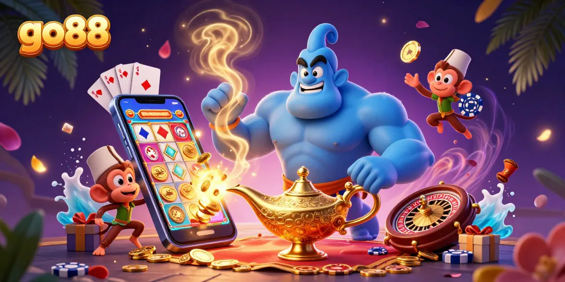 Experience the thrills of go88 with a dynamic illustration of a genie, monkey, and poker elements amidst vibrant casino graphics.