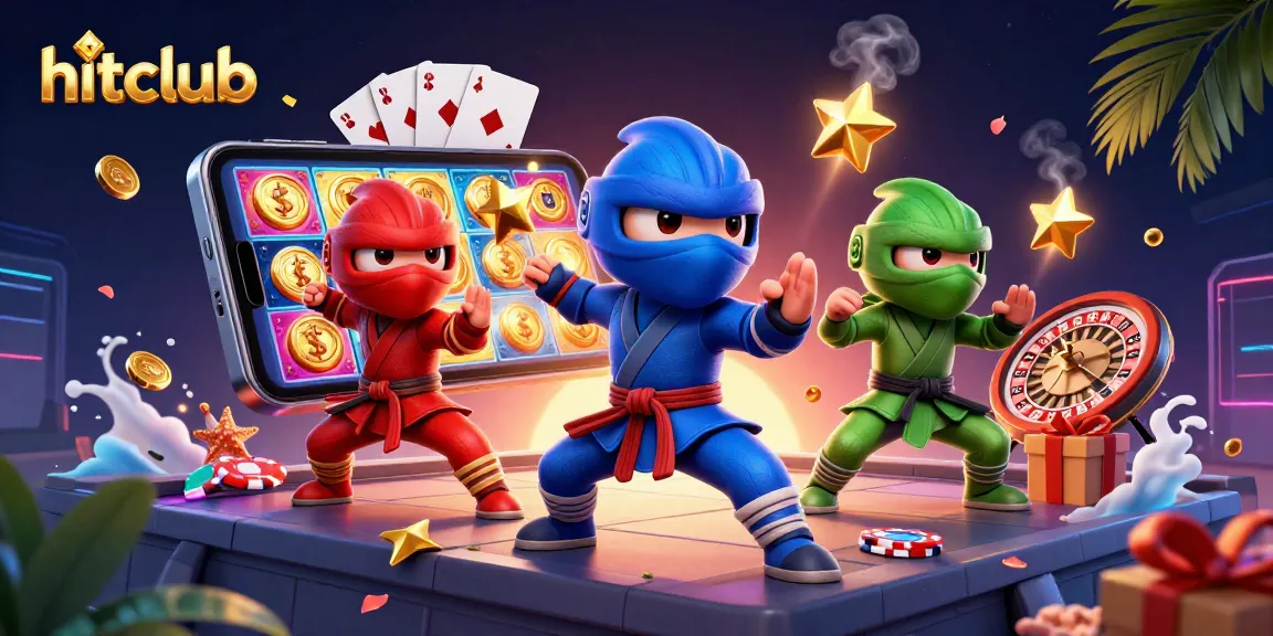 Hitclub's ninja chameleon trio showcases thrilling slot action with vibrant game elements in a dynamic illustration.